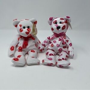 Beanie Babies Set of Two Vintage White Lips Kisses Bears Plush